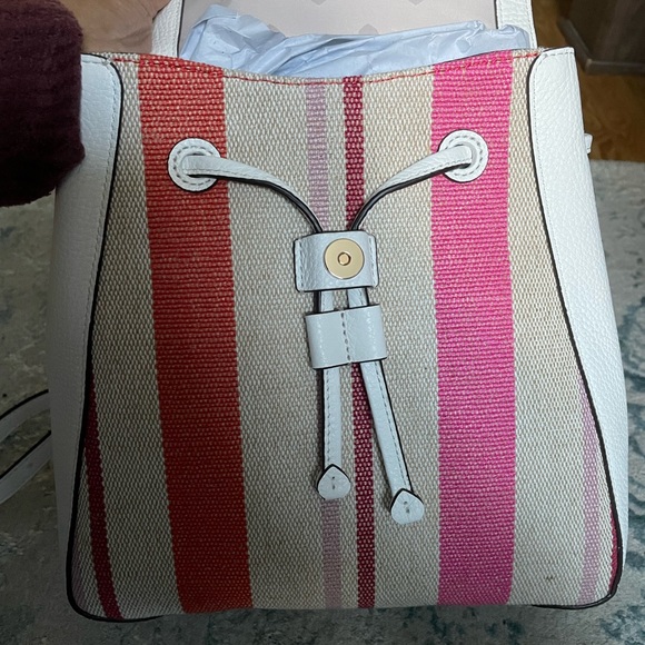 👛 BRAND NEW Kate Spade Leila Medium Flap Leather & Canvas Stripe Backpack Purse - Picture 3 of 16